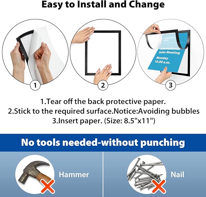 8.5" x 11" Magnetic Self-Adhesive Display Frame, Double Sided Window Magnetic Sign Holder with Clear PVC and Strong Magnetic for Office/Home/Store/Door/Glass/Wall Display Frame (Black, 2Pack)