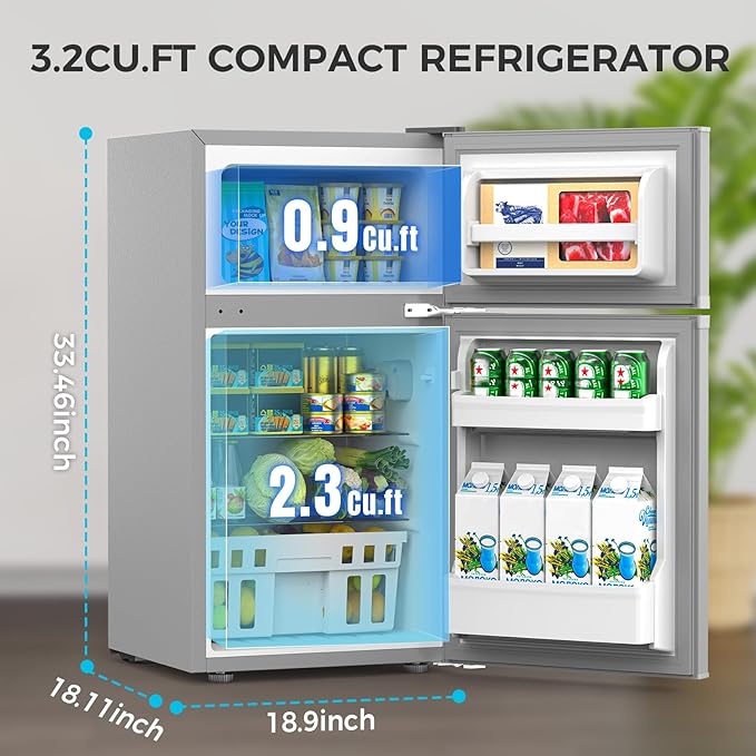 COWSAR 3.2 Cu.Ft Fridge with Freezer, Compact Refrigerator with 2 Doors for Bedroom/Dorm/Office/Apartment/Commercial, Adjustable Thermostat, Energy-efficient, Low Noise