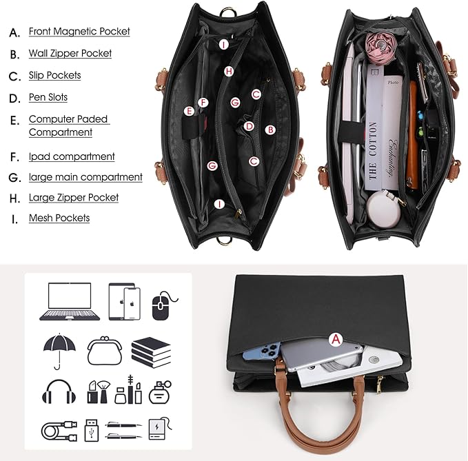 RAINSMORE Laptop Bag for Women 15.6 Inch PU Leather Laptop Tote Bag Professional Business Office Briefcase Waterproof Work Bag Computer Tote Bag Large Lightweight Handbag Shoulder Bag