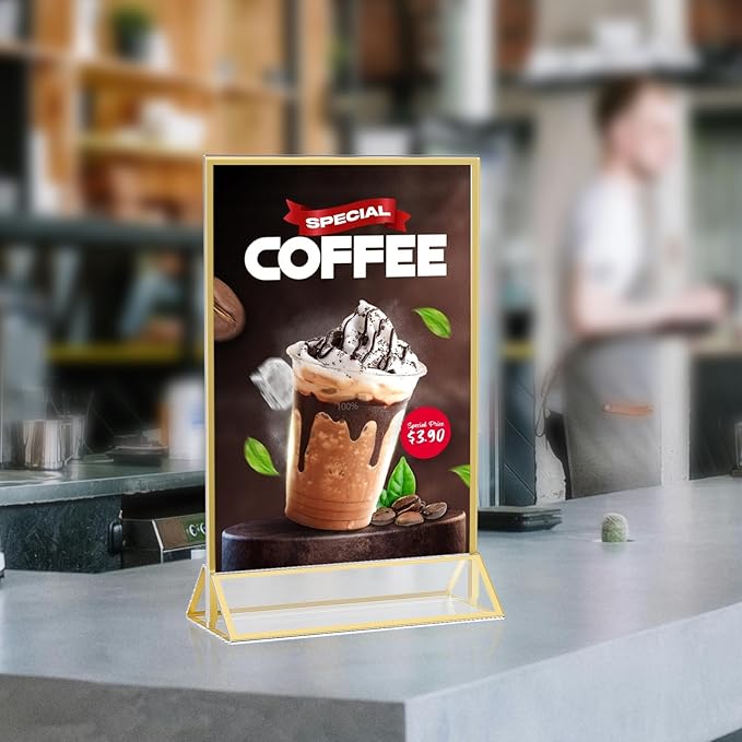 4x6 Gold Acrylic Sign Holder, 12 Pack Wedding Table Number Holder Stands with Vertical Gold Borders, Double Sided Picture Frame Paper Stand, Clear Photo Display Menu Holder for Party, Home, Restaurant