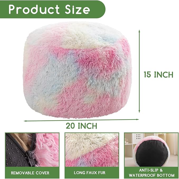 HIGOGOGO Round Stuffed Pouf Ottoman, Long Faux Fur Poufs with Foam Chunk Filling, Fluffy and Furry Pouf Foot Stool Storage Ottoman, 20 X 15 Floor Poufs Foot Rest for Living Room, Rainbow