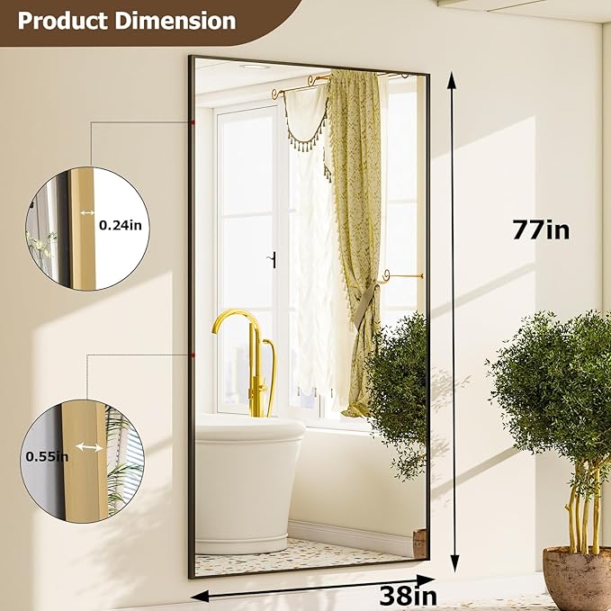 GLSLAND-38 x 77" Rectangular Full Length Mirror - Large Floor Mirrors Aluminum Alloy Frame Full Body Dressing Mirror for Bedroom, Living Room,Black