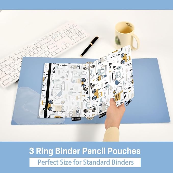 Cute Cars Truck Tractor Pencil Pouch for 3 Ring Binder, 2 Pack Waterproof Pencil Bags Clear Window Zipper School Office Supplies