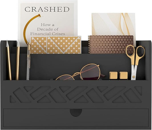 Bamboo Mail Organizer Countertop Desktop with Drawer - Desk Organizer with File Organizer for Office Supplies All-in-One Desk File Organization with Pencil Holder for Paper Letter Envelope Bill