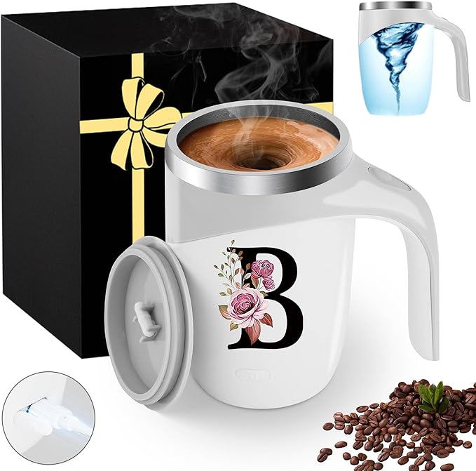 Initial Magnetic Stirring Coffee Mug Stainless Insulated Travel Cup Women Wife Girl Birthday Wedding Anniversary Her Gift Over 16 18 19 20 21 25 30 40 50 55 60 65 70 Year Old Meaningful Custom Gifts,B