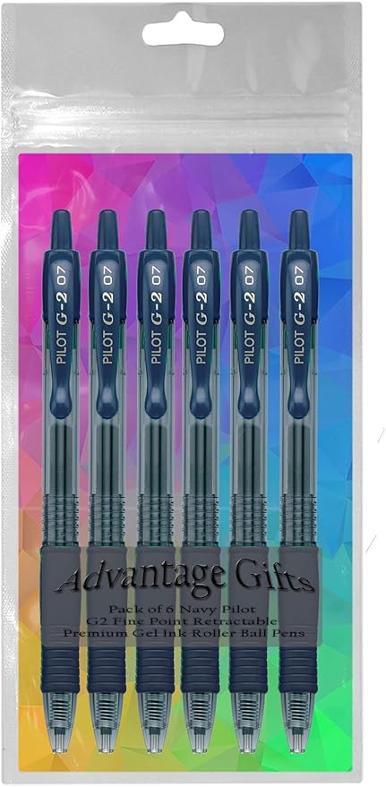 G2 Retractable Premium Gel Ink Roller Ball Pens Fine Point Fine Point (.7mm) Navy Ink 6-pk; Refillable & Premium Comfort Grip Bundle with Plastic Reusable Pouch