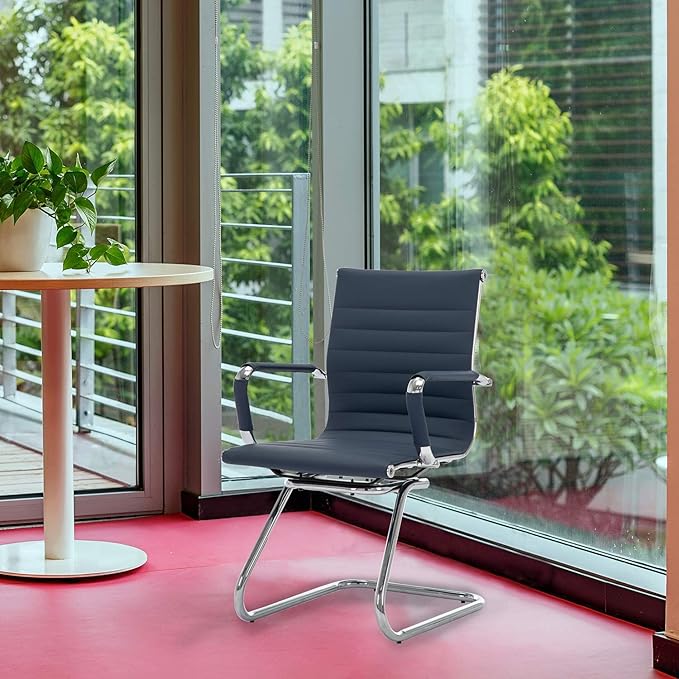 Office Desk Chair Set of 8,No Wheels PU Leather Computer Chairs Mid Back Guest Chairs with Seld Base for School/Reception/Conference/Waiting Room,Navy Blue