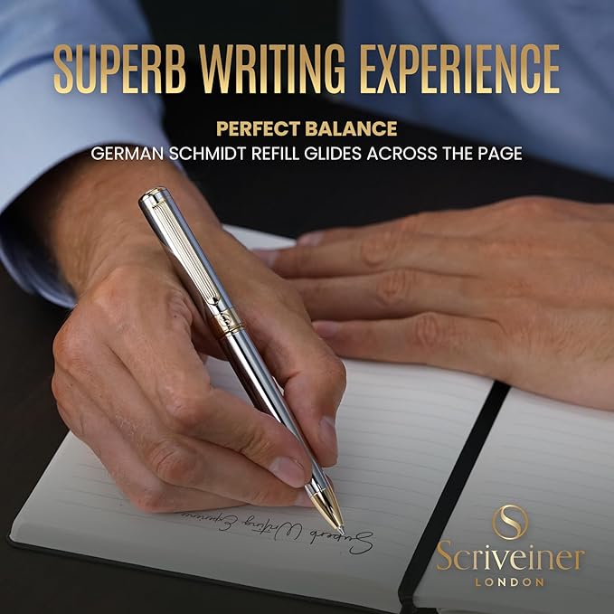 Scriveiner Silver Chrome Ballpoint Pen - Stunning Luxury Pen, Real Gold Plating, Schmidt Black Refill, Best Ball Pen Gift Set for Men & Women, Professional, Executive, Office, Nice, Fancy Pens