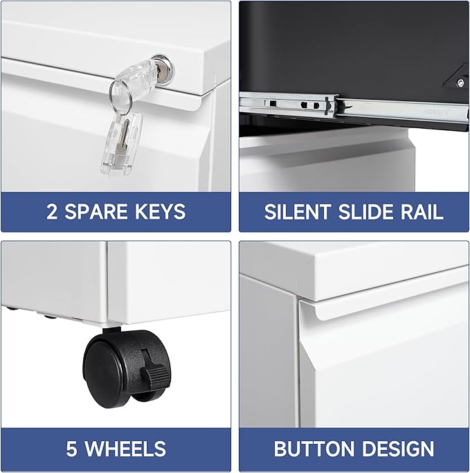 2 Drawer Mobile File Cabinet with Lock for Home Office, Small Rolling Cabinet for Legal/Letter/A4 (White)