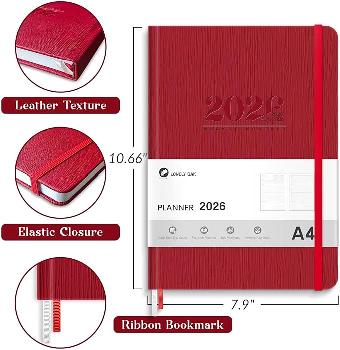 2026 Planner, Large Weekly and Monthly Planners, A4 Faux Leather Daily Calendar 2026 Planner, 12 Month Agenda from Jan. to Dec., Hardcover Habit Tracker Journal(Red)
