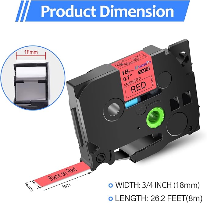 6PK Compatible for Brother P-Touch Label Maker Tape TZe-441 TZ-441 TZe441 TZ441 Black on Red 18mm 3/4 inch 0.7'' x 26.2ft Laminated TZe TZ Label Tape for PT-H500 PT-910BT PT-530 PT-550