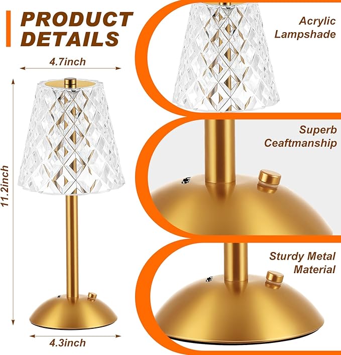 Liliful 1 Pcs LED Portable Cordless Table Lamp Touch Battery Operated Rechargeable Gold Desk Lamp 3 Color Dimmable for Bedroom Living Room Dining (Gold,Diamond Style)