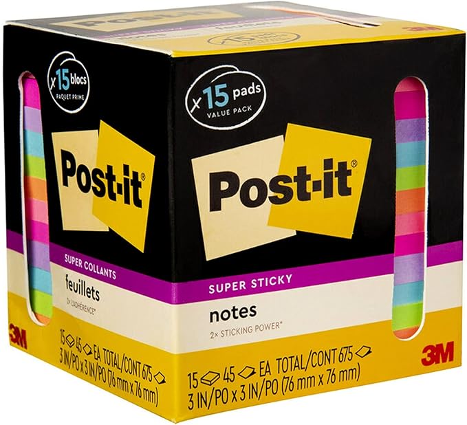 Post-it Super Sticky Notes, Assorted Bright Colors, 3x3 in, 15 Pads/Pack, 45 Sheets/Pad, 2X The Sticking Power, Recyclable, Multi-Color