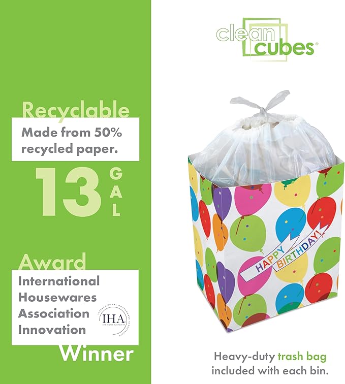 | 13 Gallon Disposable Trash Cans (3-Pack) with Fitted Trash Bags - Reusable Garbage and Recycling Bins for Parties, Events, and More (Birthday - 17" Height x 13.5" Width x 10" Depth)