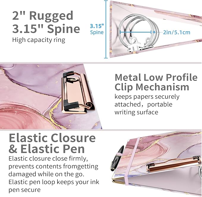 Ospelelf Mini 3 Ring Binder 2 Inch, Cute Binder for 5.5" x 8.5" with 5 Tab Dividers, File Folder Labels and Low Profile Clipboards, Pink Marble Binder for School Supplies and Office Supplies