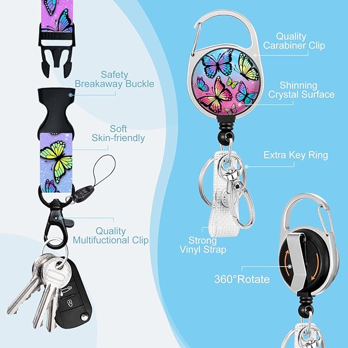 Butterfly ID Badge Holder with Breakaway Lanyard, Fashionable Lanyards for ID Badges Women, Cute Badge Reel Retractable, ID Card Holder Keychain Name Badge Clip, Nurse Teacher Gifts