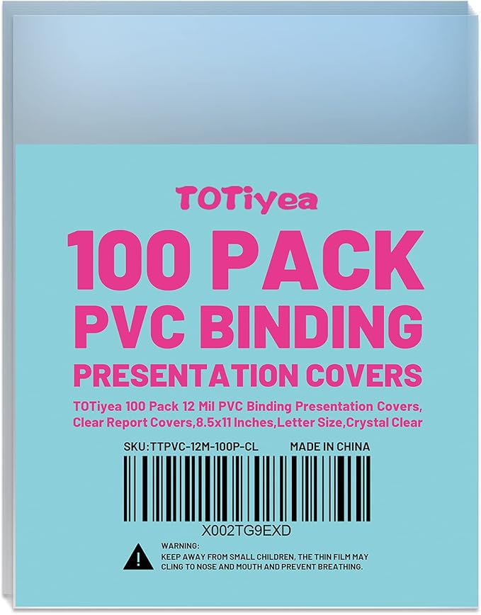TOTiyea 100 Pack 12 Mil PVC Binding Presentation Covers, Clear Report Covers for Binding,8.5x11 Inches,Letter Size