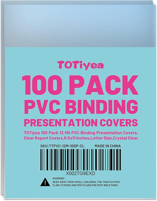 TOTiyea 100 Pack 12 Mil PVC Binding Presentation Covers, Clear Report Covers for Binding,8.5x11 Inches,Letter Size