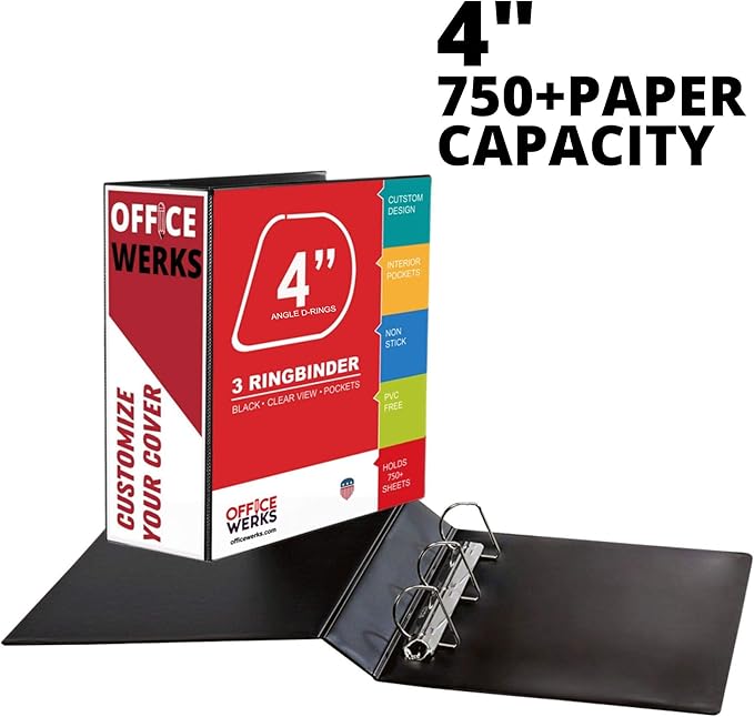 Performore 3 Ring Binder, Professional Angle D 4 Inch, Presentation Folder for Standard Pages 8.5 x 11 with Pockets, Crystal Clear View Black Binder (4 Pack) - Ideal for Office Supplies
