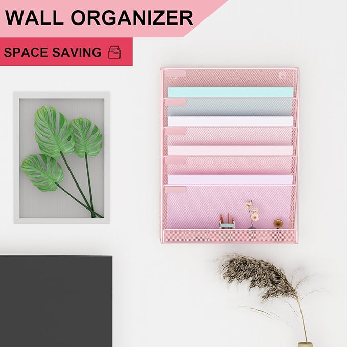 Wall File Organizer Holder Mesh Hanging Paper Document Holder, Vertical 6 Pocket Tier for Office Home, Light Pink
