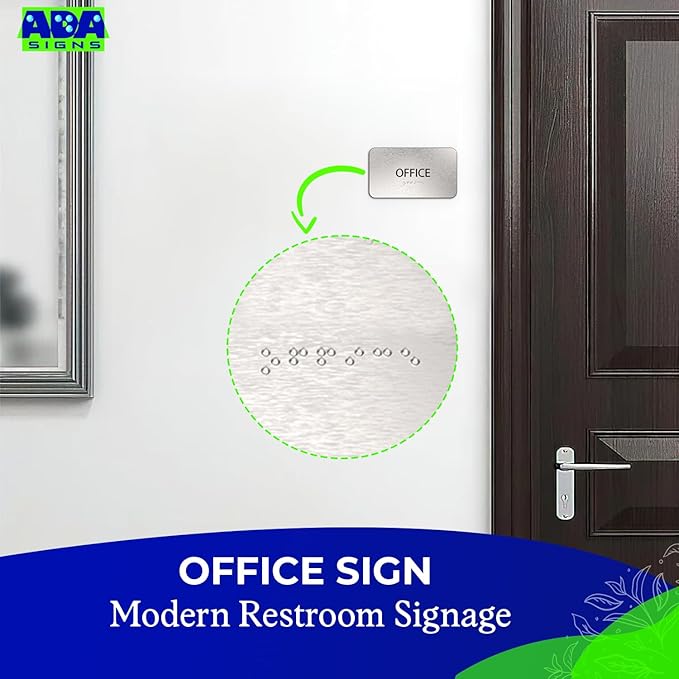 ADASigns Office Sign 7”x4” - Durable Brushed Aluminum with Grade 2 Braille - Easy Installation with Strong Double Sided Adhesive Tape - ADA Compliant office door signs for Businesses & Offices