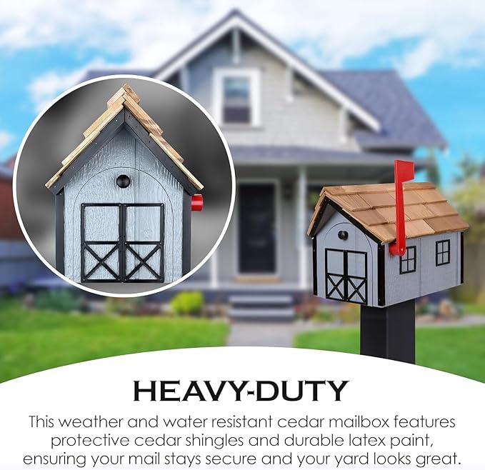 Peaceful Classics Amish Cedar Roof Wooden Mailbox with Window & Door Trim, Handcrafted Mailboxes for Outside, Post Mount Residential Mailboxes - (White with Burgundy Trim)