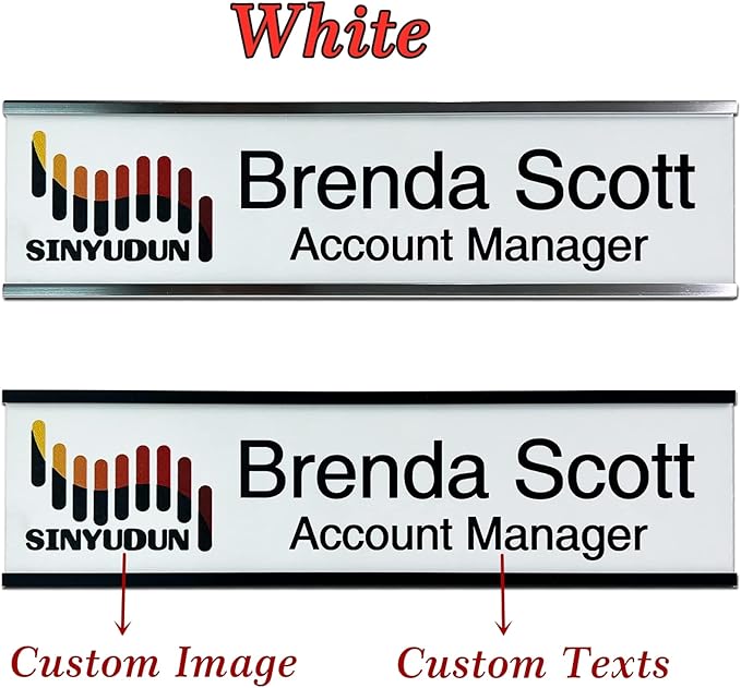 2" x 8" Personalized Aluminum Name Plates, Custom Office Desk or Wall Name Plates, Can Add Logo Image and Texts, Two Colors Silver, White, Holders are Optional (Custom Image+Text)