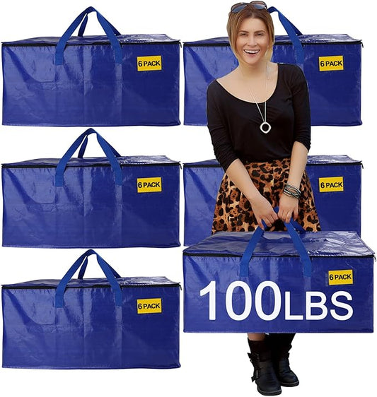 6 Pack Waterproof Moving Bags with Strong Zippers and Reinforced Handles, Real 100lb Capacity Extra Heavy Duty Large Storage Totes for Packing & Moving Storing, Alternative to Moving Boxes -95L,Blue