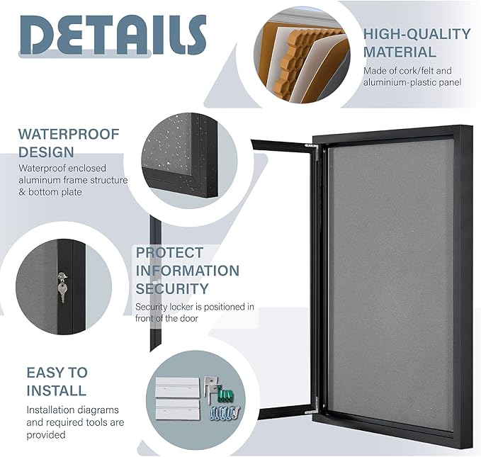 Enclosed Bulletin Board Outdoor Noticeboard with Locking Door, Weather-Resistant, Grey Felt, Black Aluminum Frame, 36 x 24 in