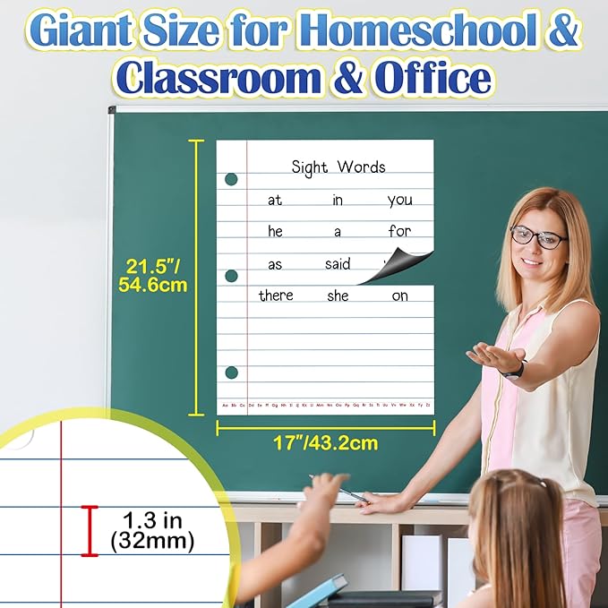 Aizweb Giant Magnetic Notebook Paper,Dry Erase Handwriting Lined for Classroom Whiteboard Accessories, Chart Paper Teacher Must Have Homeschool Teaching Supplies,Teacher Essential,17" x 21.5"
