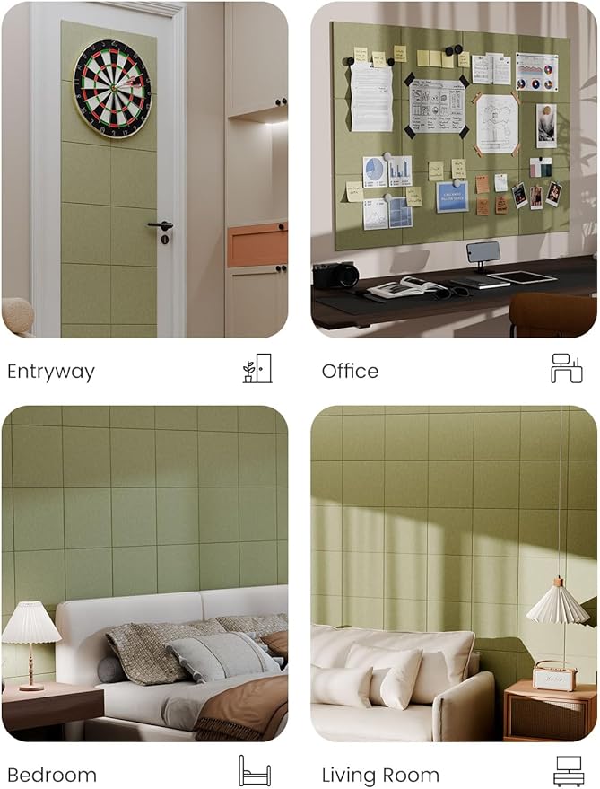 Bumusty Large Cork Board 47"x35" Alternative - 12 Pack Felt Wall Tiles with 70 Safe Removable Adhesive Tabs, 30 Pushpins, Cork Boards for Walls Pin Board Bulletin Board Office Decor (Olive Green)