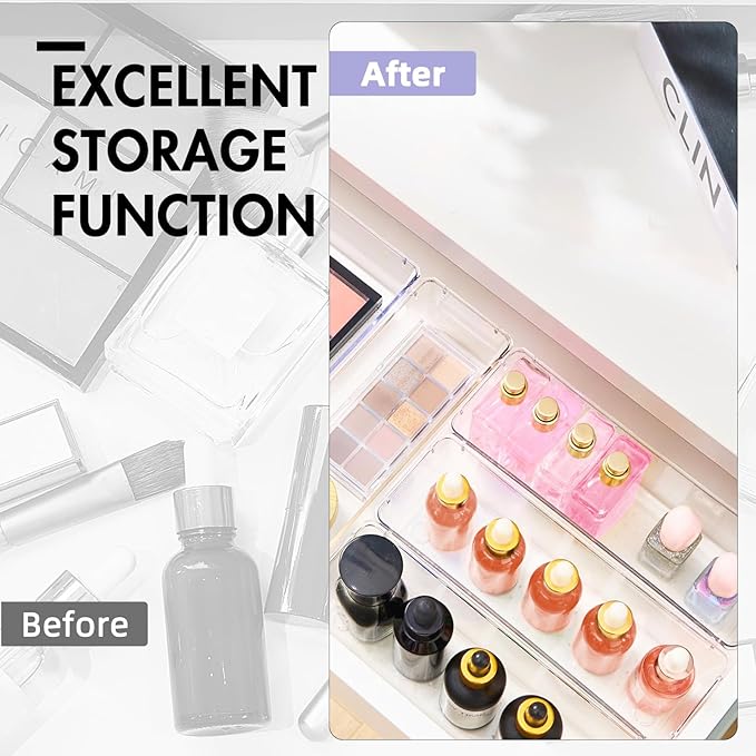 HOUSE DAY Desk Drawer Organizer Bins 4 PCS, 9*3*2" Clear Drawer Organizers with Silicone Pads, Vanity Organizers and Storage, Non Slip Plastic Drawer Organizer for Makeup, Bathroom, Kitchen, Office