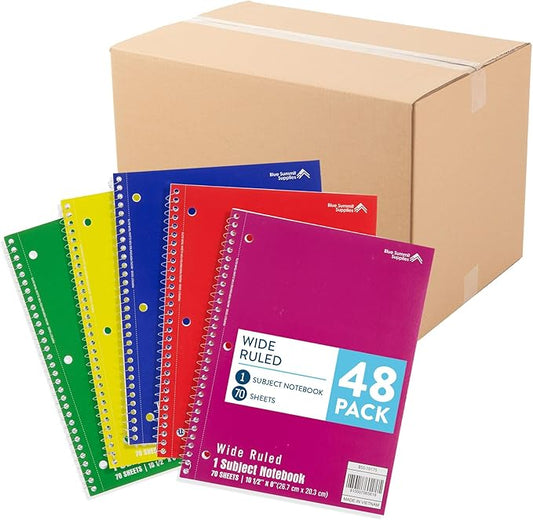 Blue Summit Wide Ruled Spiral Notebooks Bulk, 1 Subject Spiral Notebook Wide Ruled, Paper School Bulk Notebooks, 48 Pack