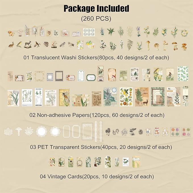 260PCS Vintage Journaling Scrapbooking Supplies Scrapbook Sticker Paper Ephemera Pack for Bullet Junk Journal Planners Collage Craft Notebooks Album (Plants and Birds)