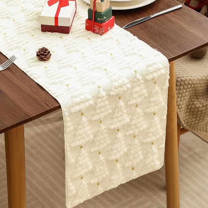 Christmas Table Runner 13x108 Inch, Xmas Trees Star Winter Holiday Decorative Farmhouse Table Decorations for Kitchen Dinning, Indoor Outdoor Dinner Party Decor (White) 1 Pack