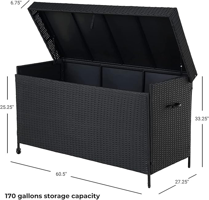 Grand patio 170 Gallon Deck Storage Box Deck Box Outdoor Storage Box Indoor Wicker Storage Bin Patio Storage Box for Patio Furniture Cushions Garden Tools Pool Accessories, Black