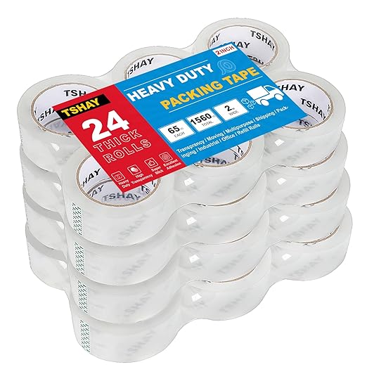 TSHAY Packing Tape, 24 Pack Heavy Duty Shipping and Moving Packing Tape, Clear, Packing and Moving Supplies, 2.0 inch Wide, 65 Yards Per Roll, Total 1560 Yards