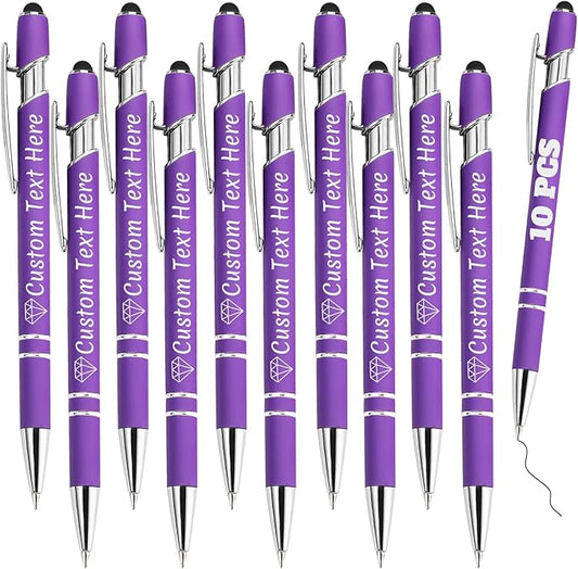 Personalized Pens Bulk 10 with Name Custom Engraving Ballpoint Pens with Stylus Tip Customized Smooth Writing Pens Personalized Gifts for Anniversary Birthday or Graduation(Purlpe,Black Ink)