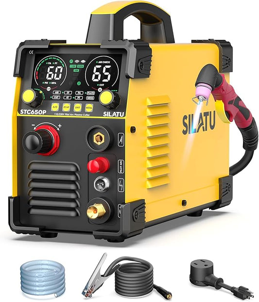 SILATU 65Amps Plasma Cutter, Large LED Display, Non-Touch Pilot Arc, Air Sensor Technology, 110/220V Dual Voltage IGBT Inverter Plasma Cutter Machine, 14mm Clean Cutting Thickness for Beginners DIY