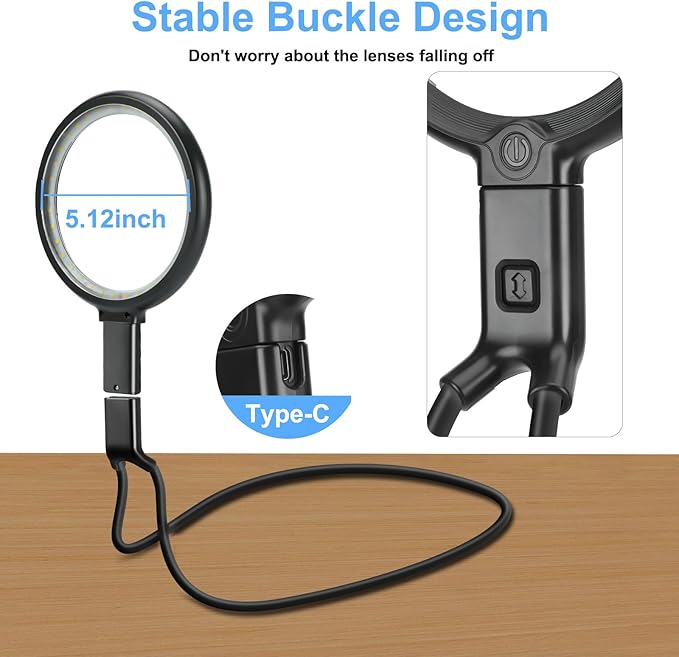 10X Rechargeable Magnifier with Light Hands Free, 5.2" Large Magnifying Glass with 36 LED Light Flexible Gooseneck for Close Work, Seniors (Black)