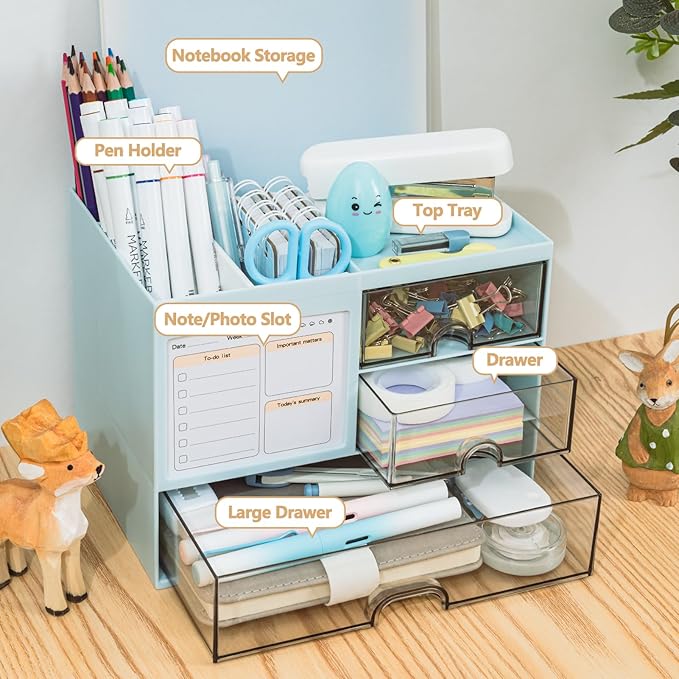 Desk Organizer with 3 Drawer, Multi-Functional Pencil Pen Holder for Desk, Desk Organizers and Storage with 8 Compartments, Desktop Organizer for Office Home Art Supplies (Blue)