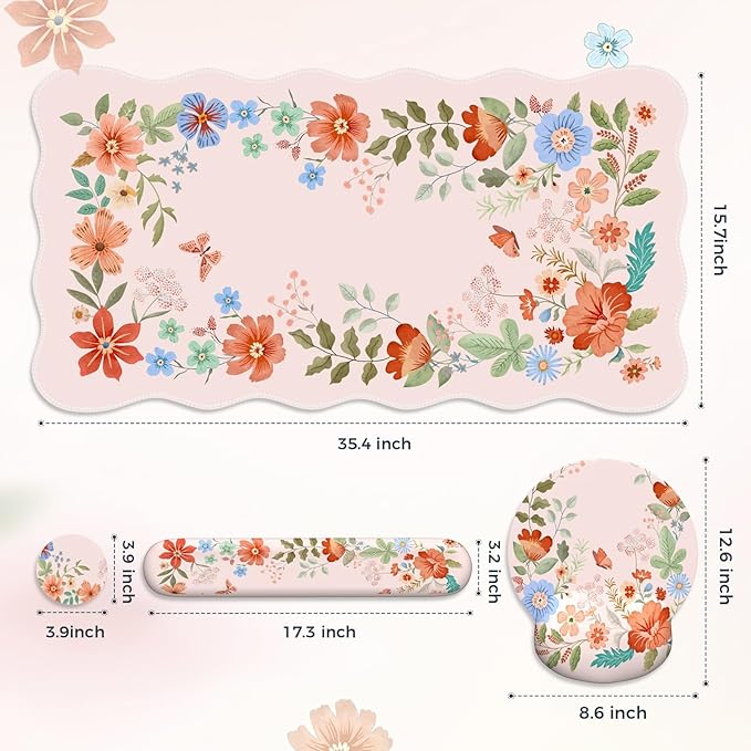 Pink Desk Cover Mat, Ergonomic Mouse Pad with Wrist Support, Girly Aesthetic Office Stuff, Scalloped Floral Desk Protector for Office Must-Haves, Work