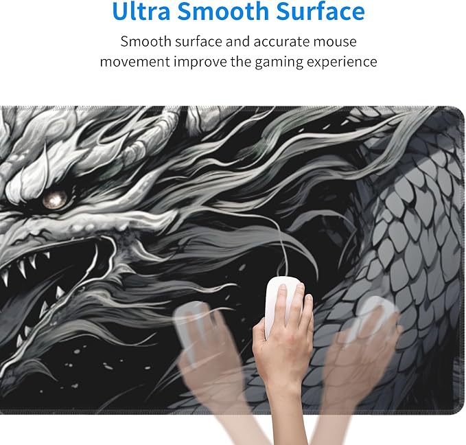 Large Size Eastern Dragon Print Gaming Mouse Pad 31.5 x 12 Inch, Stitched Edges, Anti-Slip Base, Waterproof Surface