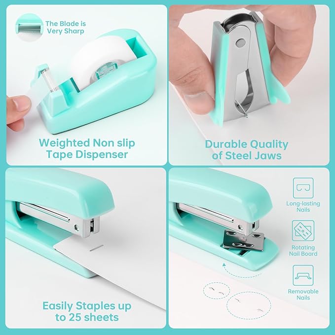 Teal Office Supplies, Teal Office Supplies and Accessories, Mint Green Stapler and Tape Dispenser Set for Women, Green Office Desk Accessories, Office Gift for Women, Office Lady, Coworkers