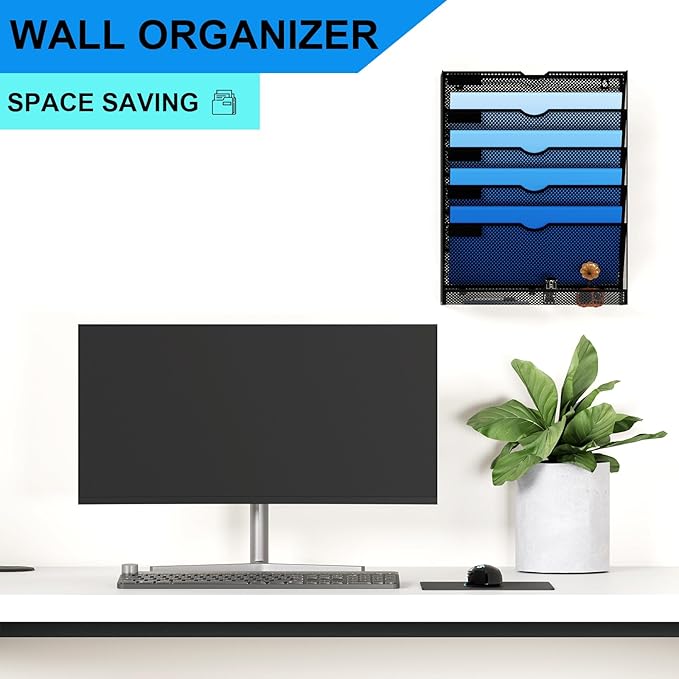 Hanging Wall File Organizer 6 Tier Wall Mounted Mail Paper Folder Holder Document Organization Stand, Vertical Desk Magazine Rack for Office Home Cubicle Countertop, Black