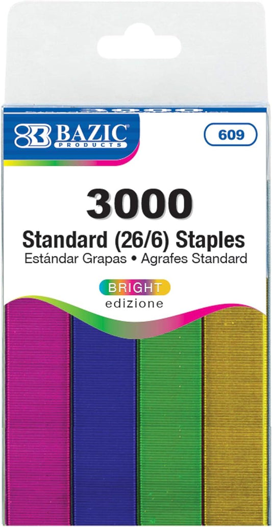 BAZIC Products Staples Standard 26/6 Metallic Color 3000/Pack Refill for Stapler, Ideal Office Staples for Home, School & Business, Assorted Colors, 24-Packs