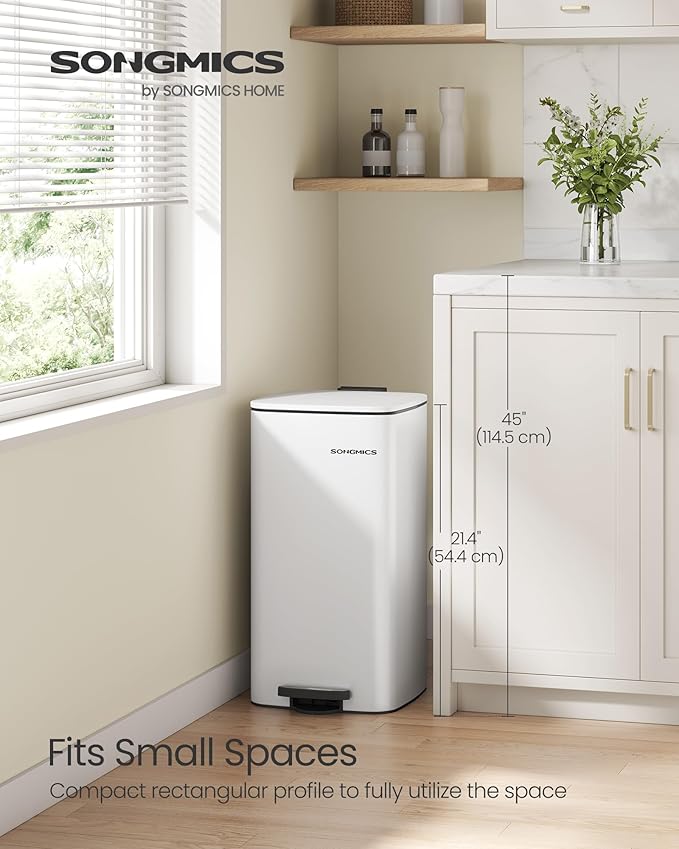 SONGMICS Kitchen Trash Can, 8-Gallon (30 L) Trash Bin, Stainless Steel Garbage Can, with Inner Bucket, Soft Close and Stays Open, Cloud White ULTB593W01