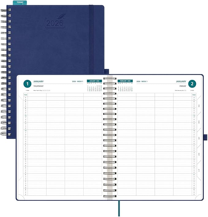 BEZEND Appointment Book 2026 Daily Planner, Quarter-Hourly in 4 Columns (Large-8.25" x 11.75") Page per Day Even Weekend, Monthly View with Tab & Weekly Schedule, PU Leather Softcover in Blueberry