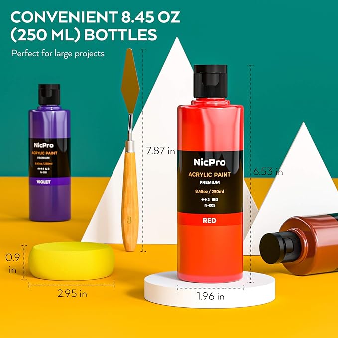 Nicpro 18 Colors Large Acrylic Paint Set, 8.45oz/250 ml Artist Painting Supplies Bulk Non-Toxic For Multi Surface Canvas Wood Fabric Leather Cardboard Paper Crafts Rock Window Hobby with Color Wheel