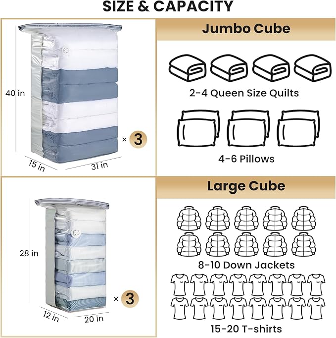 TAILI 6 Pack Vacuum Storage Bags, Cube Space Saver Bags Combo (3 Jumbo +3 Medium), Vacuum Seal Bags for Bedding, Clothing, Comforters, Blankets, Closet Oragnizer and Storage